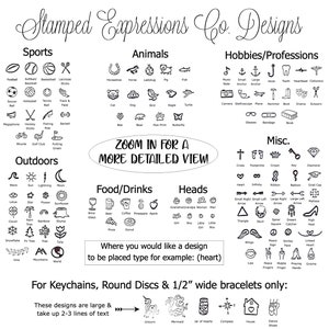 May include: Black and white line art illustrations of various designs for keychains, round discs, and bracelets. The designs include sports, animals, hobbies, professions, outdoors, food and drinks, heads, and miscellaneous items. The text "Zoom in for a more detailed view" is included in the image.