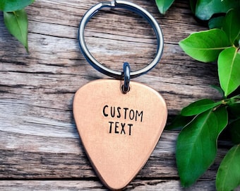 Custom Copper Guitar Pick Keychain, Personalized Anniversary Gift