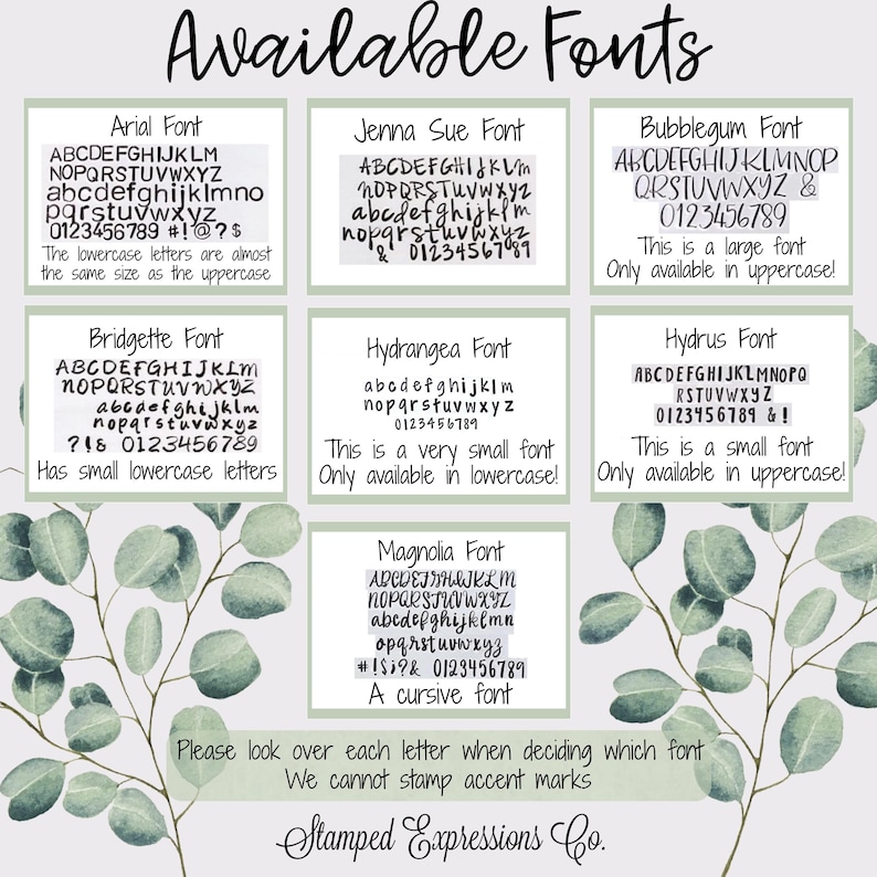 May include: Image showcasing various font styles, including Arial, Jenna Sue, Bubblegum, Bridgette, Hydrangea, Hydrus, and Magnolia. Each font is displayed with the alphabet and numbers, with notes on size and availability. The text "Available Fonts" is at the top.