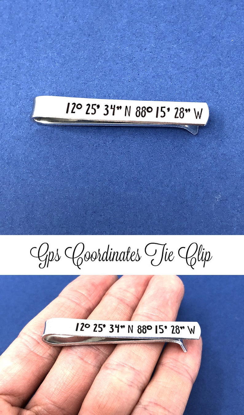 GPS Coordinates Hand Stamped Tie Clip, Aluminum Tie Bar, Personalized Gift, Custom Gift, Latitude Longitude, Long Distance Relationship Gift image 1