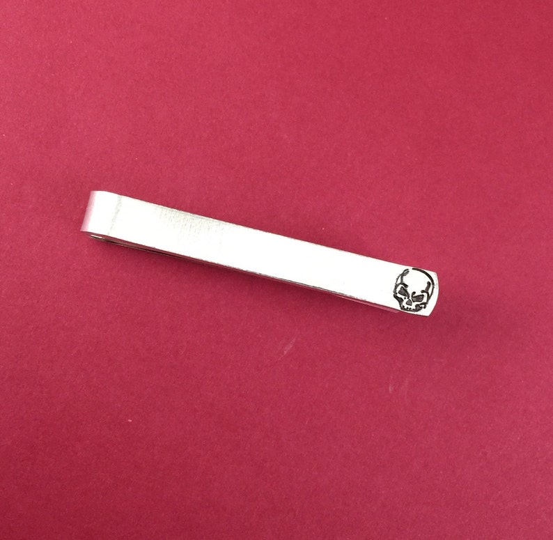 Skull Hand Stamped Tie Clip, Personalized Tie Bar, Customized Gift for Him, Father's Day Gift, Birthday Gift, Wedding Gift, Boyfriend Gift image 2