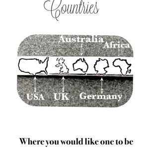 May include: A graphic showing outlines of the continents of North America, Great Britain, Australia, Germany, and Africa. The text "Countries" is at the top of the image. Below the continents, the text "USA", "UK", "Germany", "Australia", and "Africa" are written. The text "Where you would like one to be placed, type for example: (USA)" is at the bottom of the image.