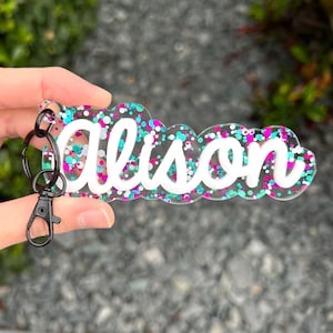 Custom Keychain Name Glitter Dots, Personalized Kids Bag Tag Made of Acrylic, Keychains For Women, Back To School Childs Backpack Tag Gift