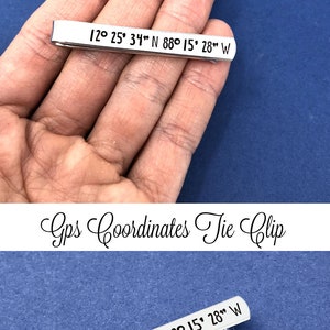 GPS Coordinates Hand Stamped Tie Clip, Aluminum Tie Bar, Personalized Gift, Custom Gift, Latitude Longitude, Long Distance Relationship Gift image 2