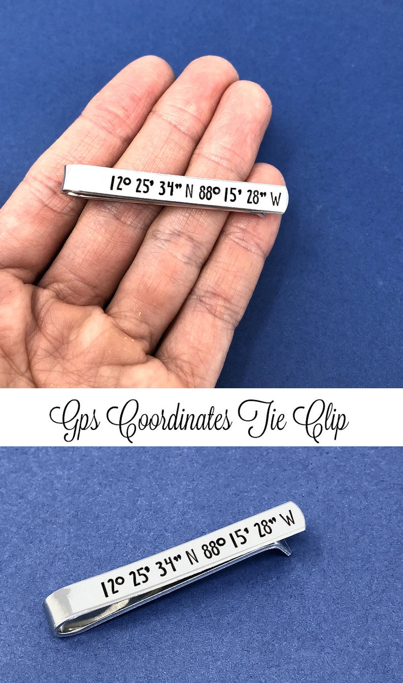 GPS Coordinates Hand Stamped Tie Clip, Aluminum Tie Bar, Personalized Gift, Custom Gift, Latitude Longitude, Long Distance Relationship Gift image 2