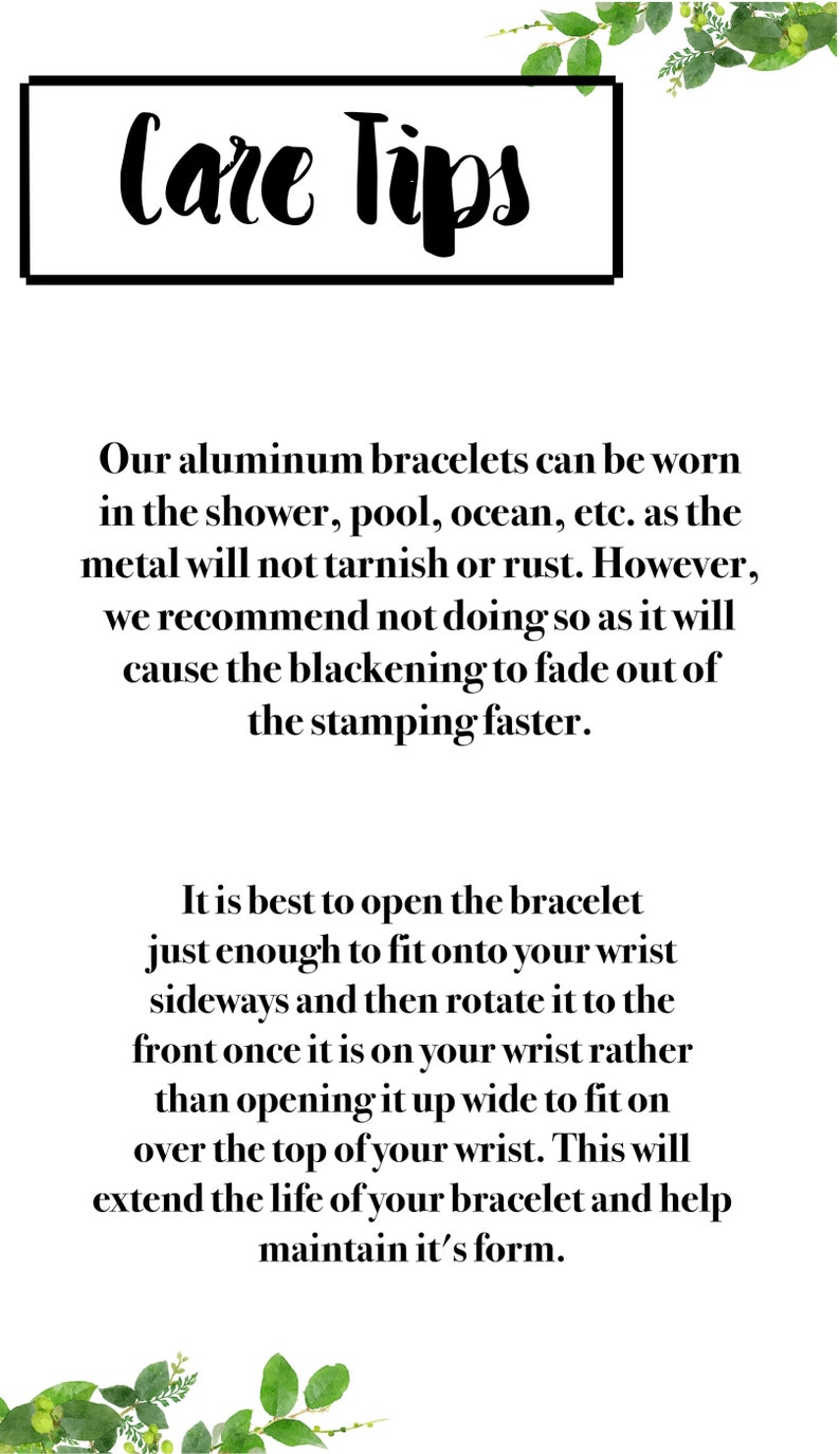 May include: Image with text "Care Tips" in a black box. The text provides care instructions for aluminum bracelets, including how to wear them and maintain their appearance. Green leaves decorate the top and bottom.