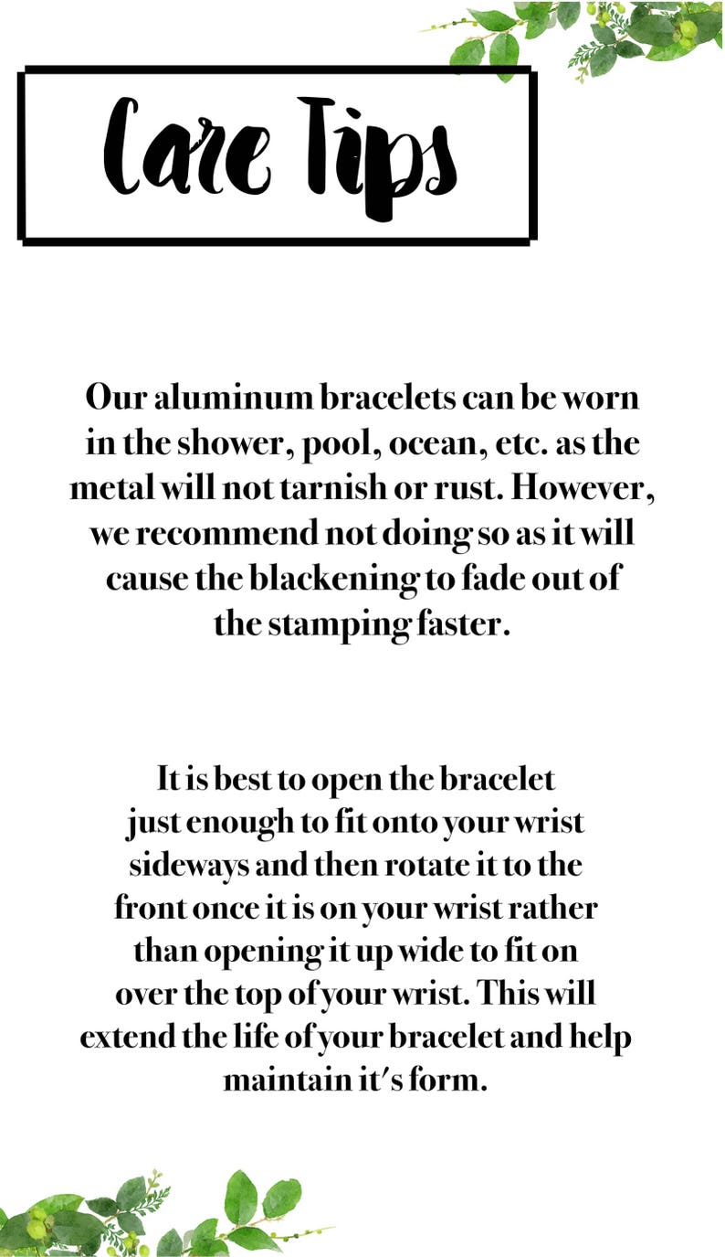 K&ouml;nnte beinhalten: Pflegetipps f&uuml;r Aluminium-Armb&auml;nder. Der Text erkl&auml;rt, wie man die Armb&auml;nder tr&auml;gt und pflegt, um ihre Lebensdauer zu verl&auml;ngern und ihre Form zu erhalten.