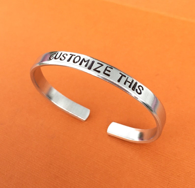 Hand Stamped Bracelet, Customized Aluminum Skinny Cuff, Bangle Bracelet, Personalized Gift, Graduation Gift, Birthday, Mothers Day Gift image 1