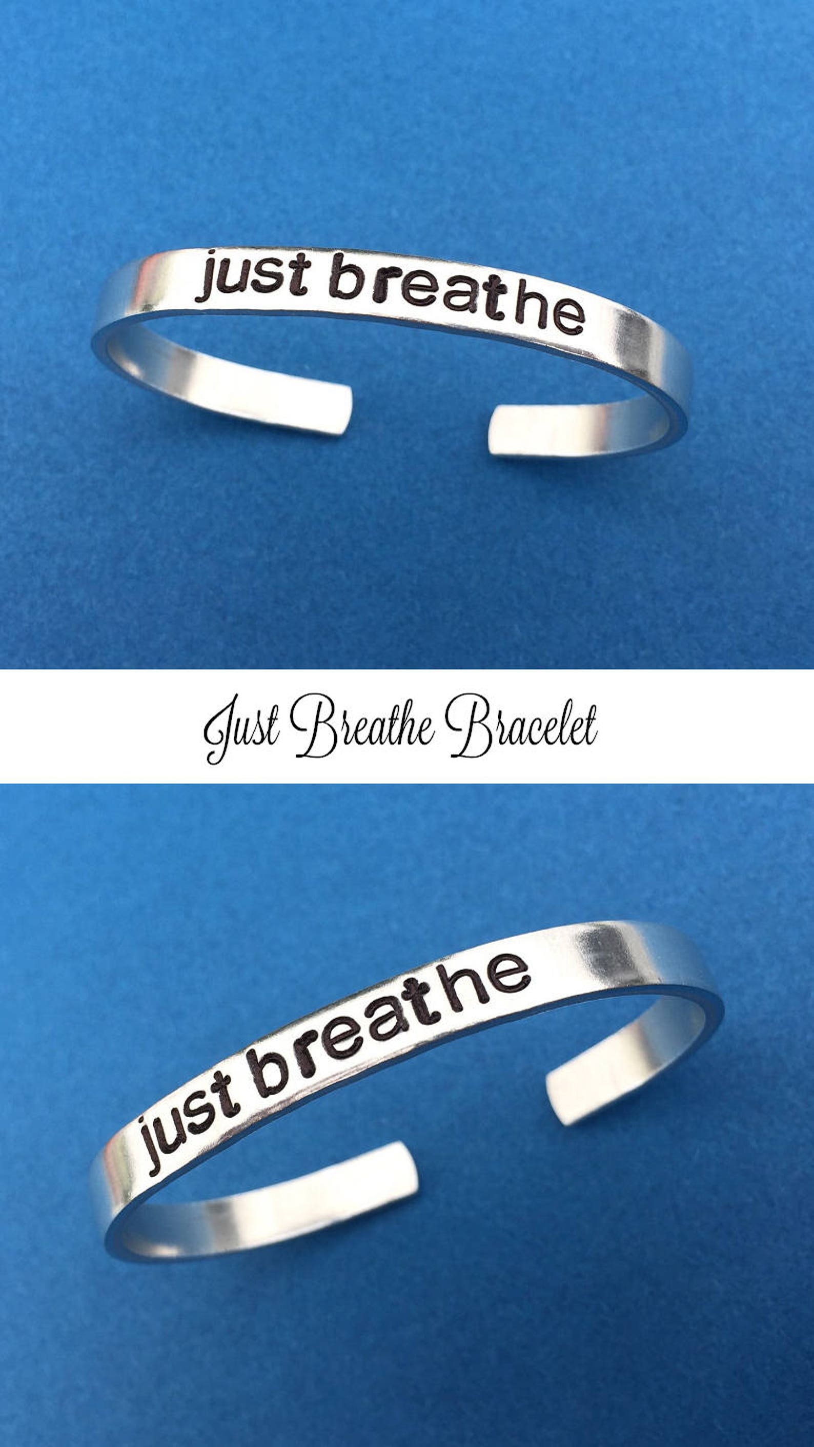 Just Breathe Hand Stamped Bracelet Quote Bracelet Relax Etsy