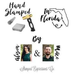 May include: Hand stamped jewellery made in Florida by Alison & Mike. The image shows a hammer, a metal stamp, a scale, and a map of Florida with the text "In Florida" and an arrow pointing to the state. The text "Hand Stamped" and "By Alison & Mike" are also visible. The image is from "Stamped Expressions Co."