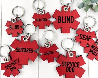 Engraved Medical Alert Pet Tags: For Small or Large Dog or Cat, Made from Leather, Blind, Deaf, Diabetic, Seizures, Service Dog, Needs Meds