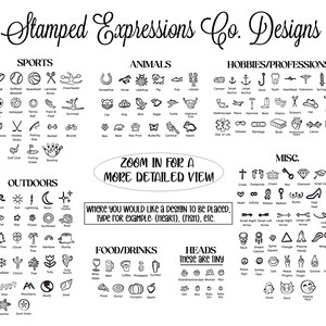 May include: A black and white graphic with various small illustrations categorized under sports, animals, hobbies, outdoors, food, and miscellaneous. Text includes "Stamped Expressions Co. Designs" and "Zoom in for a more detailed view."