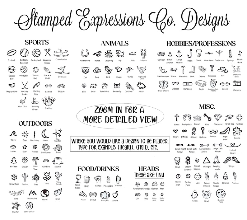 May include: A black and white graphic with various small illustrations categorized under sports, animals, hobbies, outdoors, food, and miscellaneous. Text includes "Stamped Expressions Co. Designs" and "Zoom in for a more detailed view."