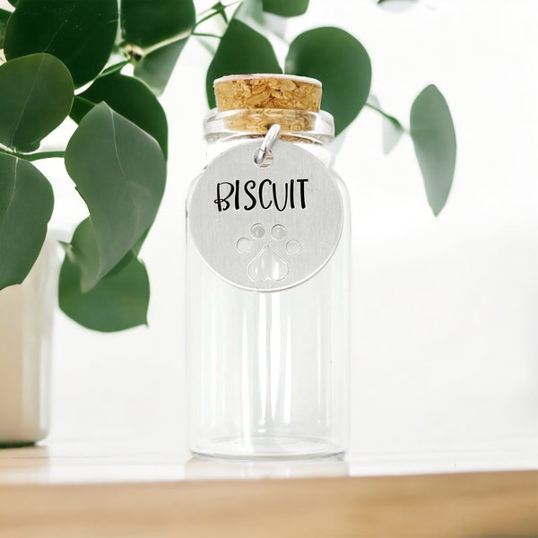 Pet Fur Keepsake for Cat and Dog Hair, Glass Personalized Memorial Jar with a Cork Lid, You Customize the Paw Print Tag with Pets Name