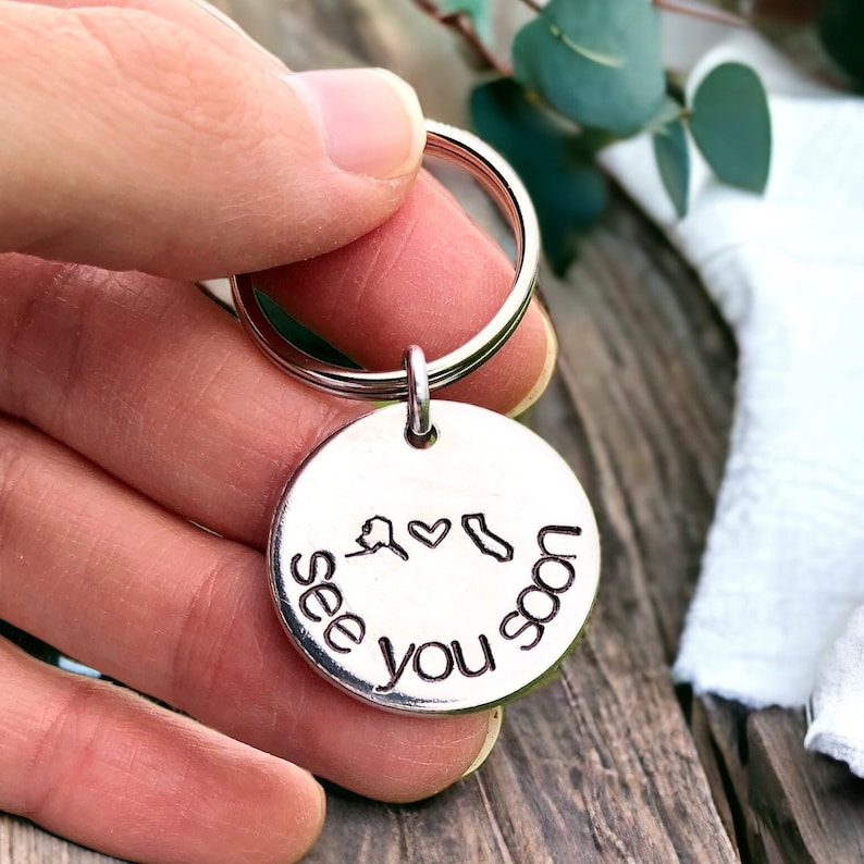 See You Soon Keychain, Long Distance Relationship Gift, State Keychain, Boyfriend Gift Personalized Gift Valentines Day Gift Girlfriend Gift image 1