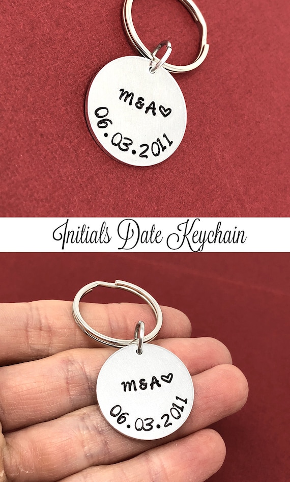 Custom Hand Stamped Round Keychain Aluminum Gift Personalized Customize  Initials Date Father's Day Wedding Birthday Christmas 
