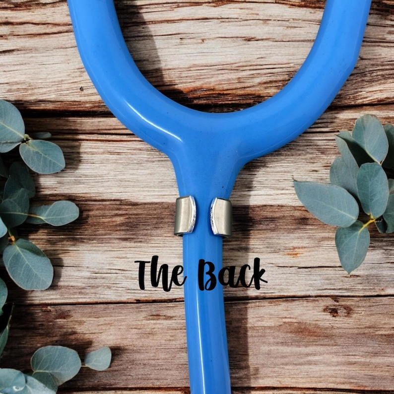 May include: A close-up of a blue stethoscope with silver metal pieces. The text "The Back" is written in black script below the stethoscope. The background is a wooden surface with green leaves.