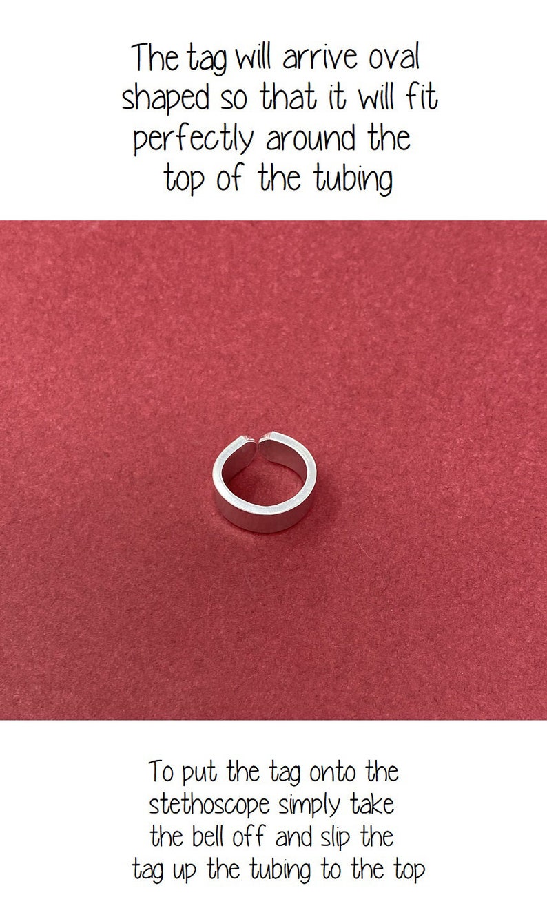 May include: A silver oval-shaped tag designed to fit around the top of a stethoscope. The tag is shown on a red background.