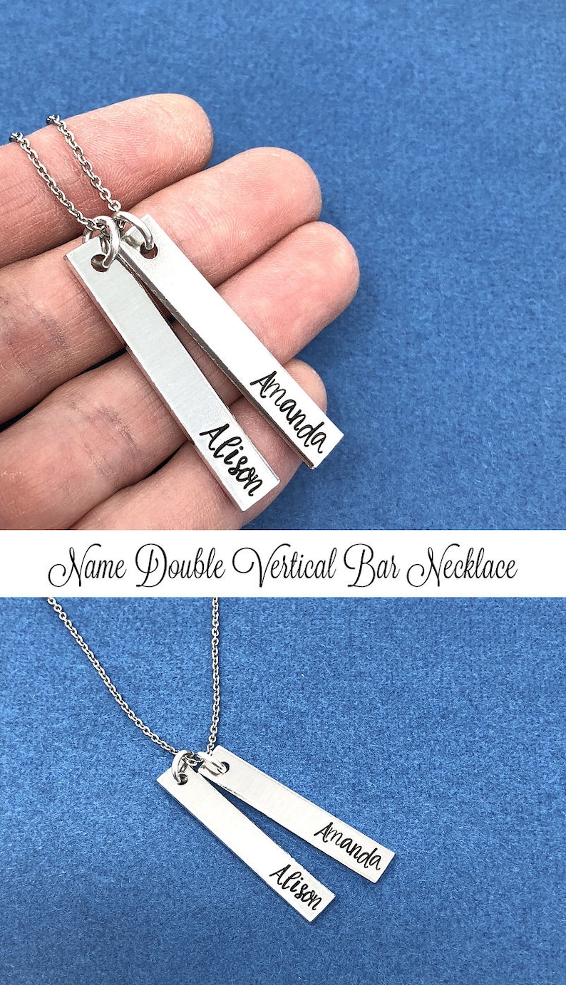 Name Necklace, Hand Stamped Necklace, shops Personalized Name Jewelry, DOUBLE Vertical Bar Necklace, Skinny Bar, Mom Gift, Children Necklace