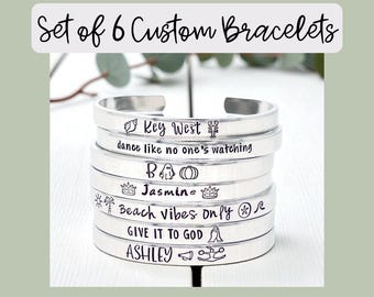 Set of 6 Personalized Aluminum Cuff Bracelets – Custom Stamped Message  - With Bulk Discount