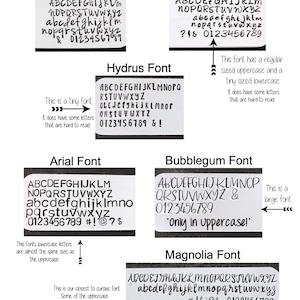 May include: A chart displaying various font styles offered by a stamping company. The fonts are labelled Jenna Sue, Bridgette, Hydrus, Arial, Bubblegum, and Magnolia. The chart includes a description of each font and states that the fonts are only available in one size. The chart also notes that certain characters cannot be stamped.