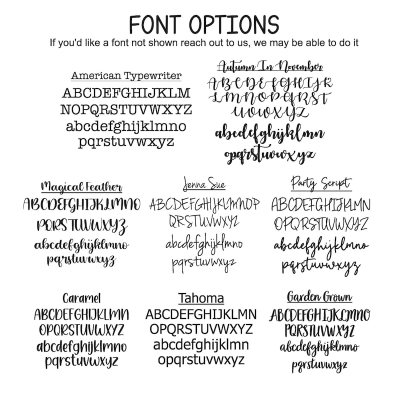 K&ouml;nnte beinhalten: Grafik mit Schriftoptionen in Schwarz, darunter American Typewriter, Autumn In November, Magical Feather, Jenna Sue, Party Script, Caramel, Tahoma und Garden Grown. Jede Schriftart zeigt Gro&szlig;- und Kleinbuchstaben.