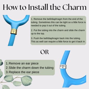 May include: Image showing instructions on how to install a charm on a stethoscope. The text reads "How to Install the Charm". Two methods are shown, with step-by-step instructions. The stethoscope is light blue, and the charms are gold and silver.