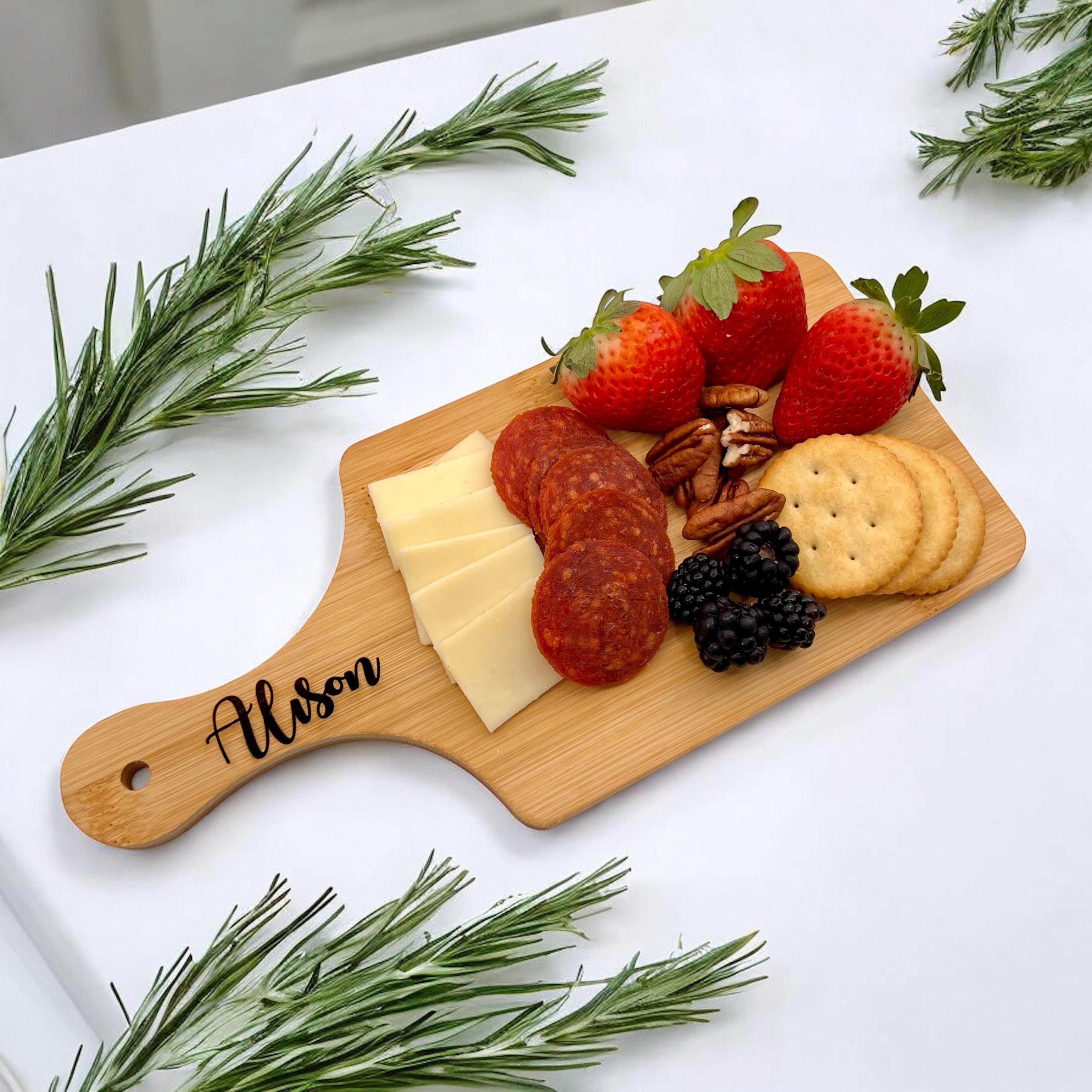 Personalized Mini Charcuterie Board, Custom Engraved Bamboo Cutting Board with Handle, For Wedding Favors Parties Place Cards Galentines Day
