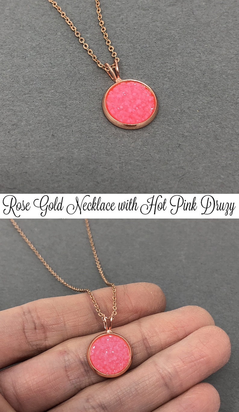 Birthday Gift For Her Bridesmaid Gift Hot Pink Druzy Necklace Druzy Crystal Necklace Druzy Pendant Daughter Gift ROSE GOLD Necklace