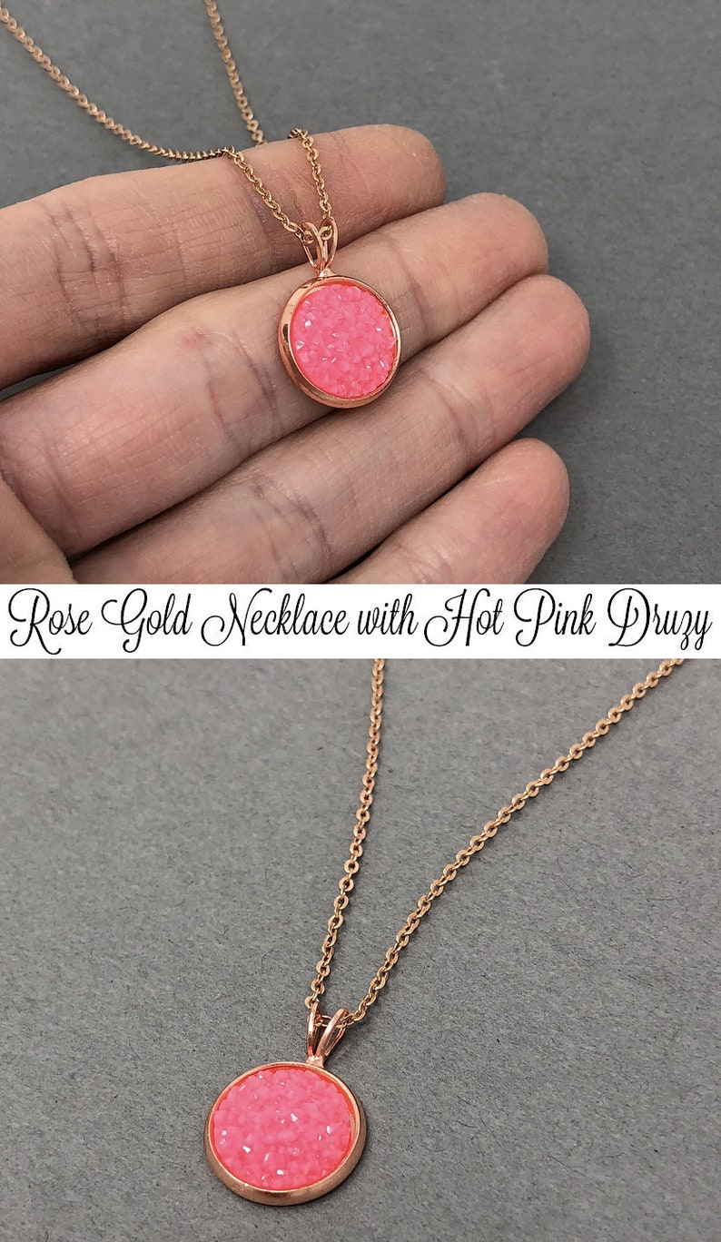 Birthday Gift For Her Bridesmaid Gift Hot Pink Druzy Necklace Druzy Crystal Necklace Druzy Pendant Daughter Gift ROSE GOLD Necklace
