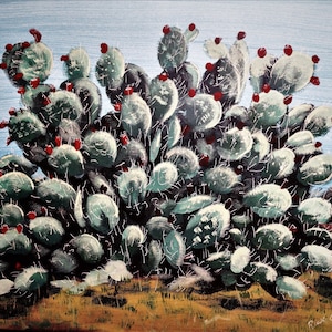 May include: A painting of a prickly pear cactus with green pads and red flowers. The cactus is set against a blue sky background.