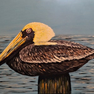 Brown Pelican on a Piling (original acrylic painting) Pelican art, brown pelican, coastal art, bird wall art, water bird.