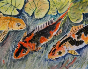 Koi Pond (original watercolor), fish painting, fish art, Koi painting, Asian art, fish pond art,