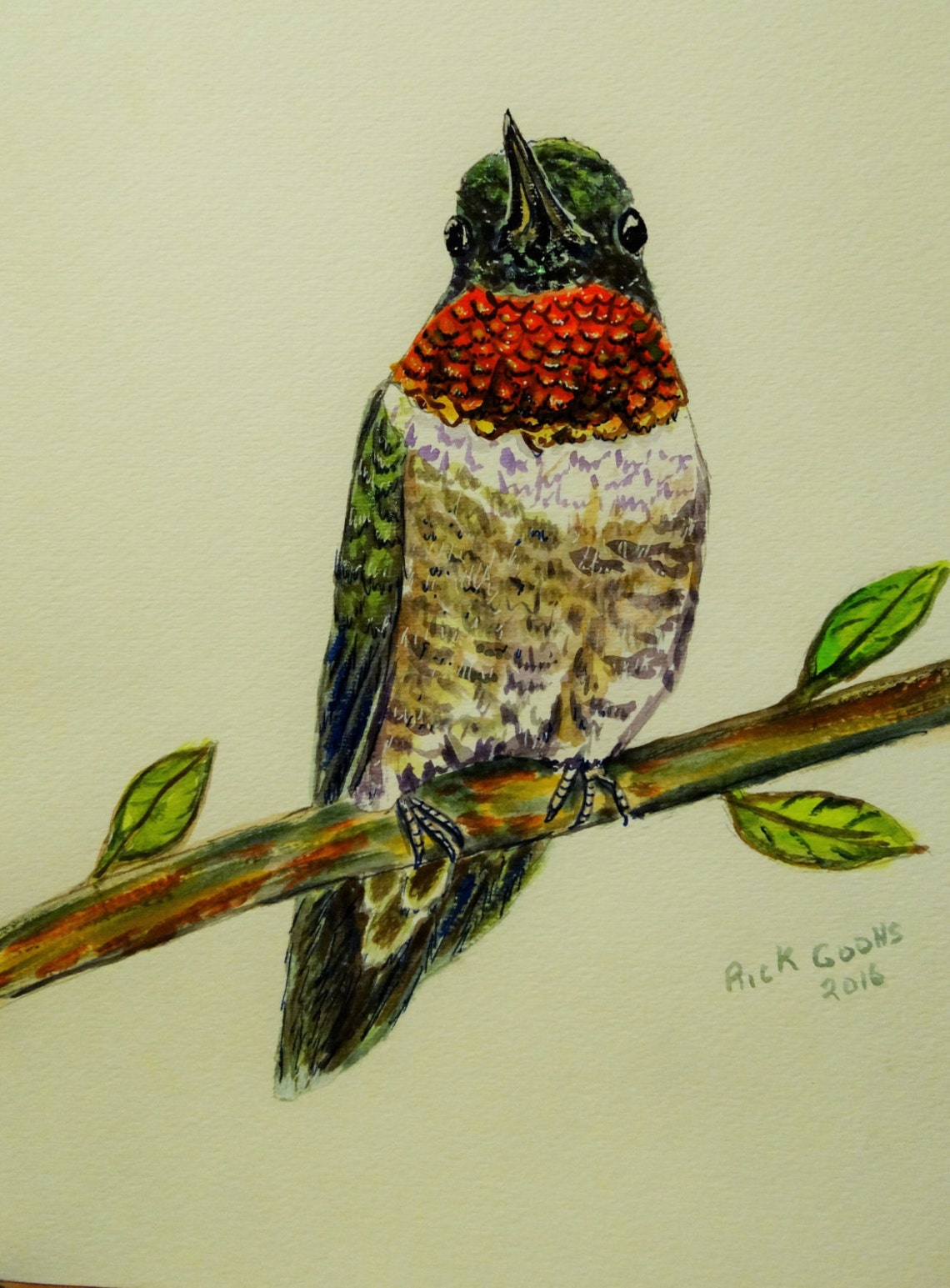 The Scout original Watercolor Hummingbird Painting, Bird Art, Male Ruby
