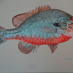 May include: A painting of a bluegill fish with red and orange markings. The fish is painted in a realistic style with detailed scales and fins. The background is a light green color. The painting is signed "Rick Gools 2021".