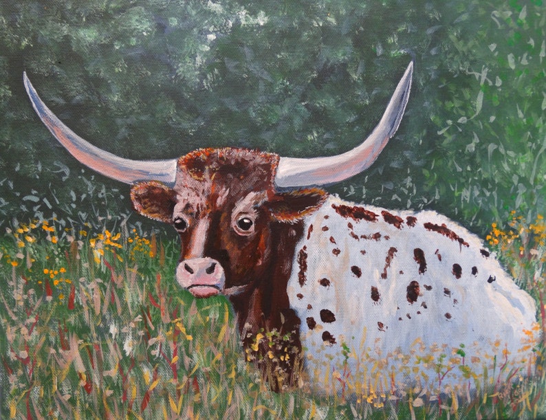 Longhorn Couché Dans Les Hautes Herbes Peinture Art De Etsy