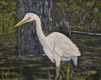 Greater Egret (original art), bird art, bird acrylic painting, bird painting, Egret painting, wall bird art.