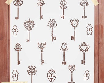 Set of 13 Vintage Keys - Stencils Set For Decorators- StencilsLAB