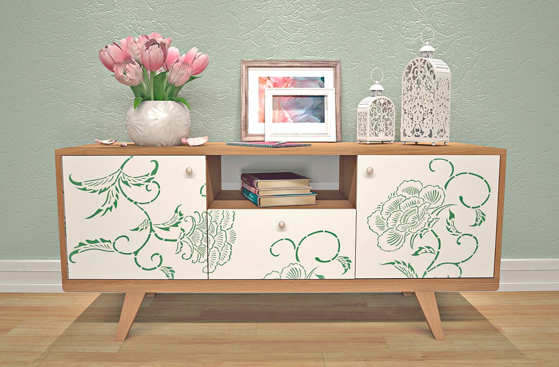 Pochoir de Meubles - Pochoir Floral Motif avec Des Fleurs Grand Feuille Pour La Décoration Meubles- 