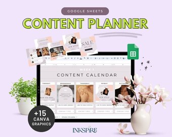 May include: A laptop screen displaying a Google Sheets spreadsheet with a content calendar for the week. The calendar is divided into days of the week, with each day showing a different Canva graphic. The graphics are pink and white with text that says "Hop the Sale", "New Style", and "Experience more than you dream of". The laptop is on a table with a potted plant and a white vase with white flowers.