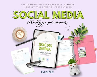 Op de afbeelding: Een digitale social media strategieplanner met de tekst "SOCIAL MEDIA strategy planner" in groen en wit. De afbeelding bevat een tablet, een roze map, een kopje koffie, een bril en een kleine plant. De planner is ontworpen voor digitaal gebruik.