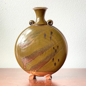 Footed Studio Pottery Vase in the Shape of a Flask