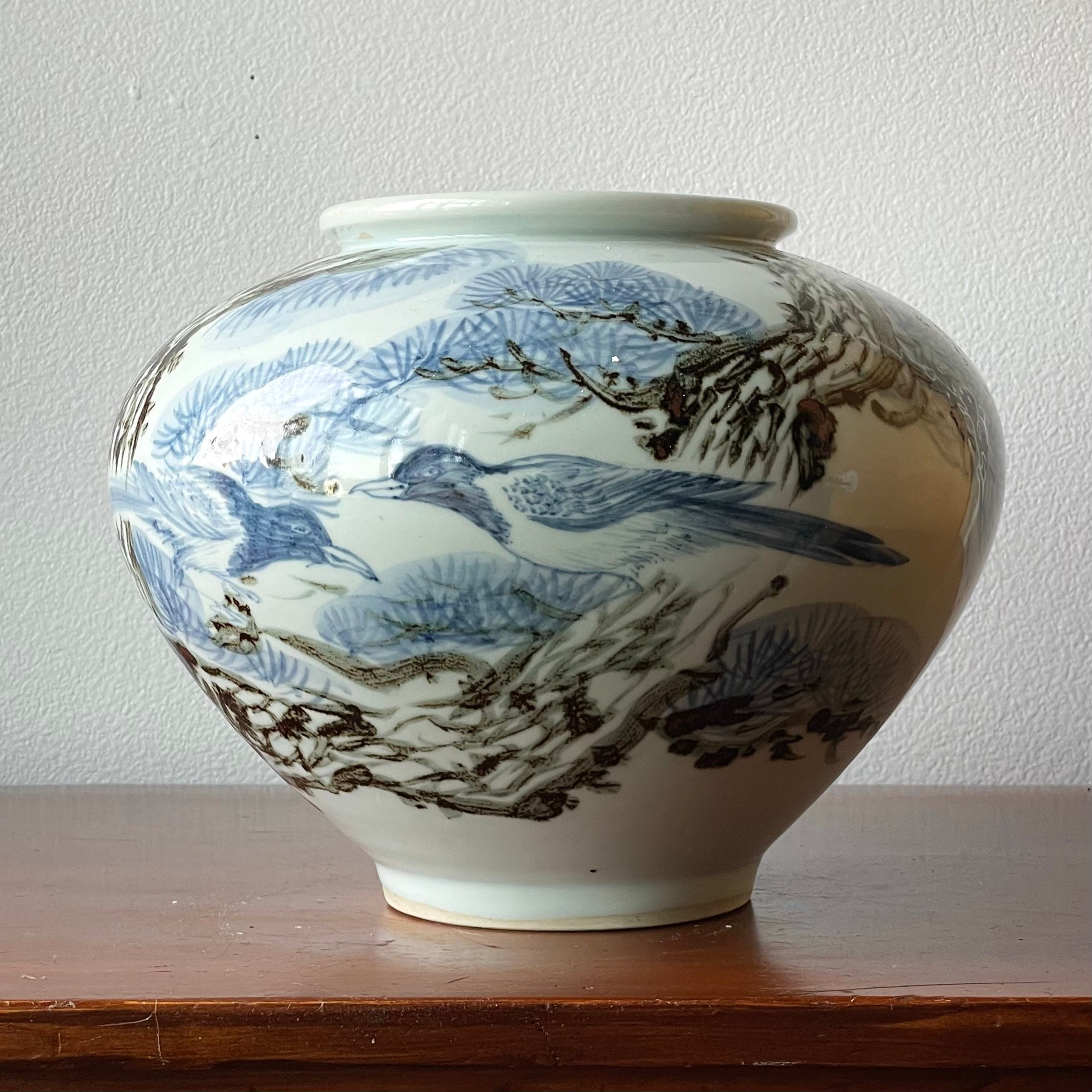 Large Round Cobalt and Iron Underglaze Porcelain Vase With