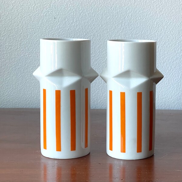 Lagardo Tackett for Schmid Pair of White Porcelain Tumblers with Orange Stripes