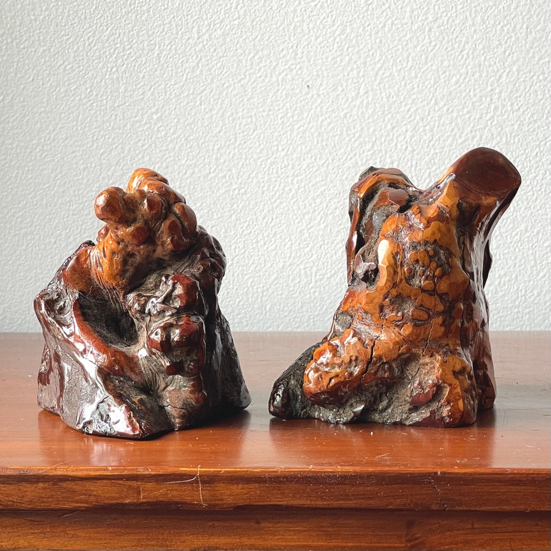 Vintage Burl Wood Bookends or Tabletop Object Live Edge Varnished