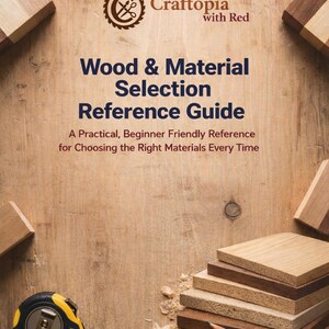 May include: A book cover titled "Wood & Material Selection Reference Guide" with the Craftopia logo. The image includes wood samples, a tape measure, and a pencil. The text reads "Select Wisely • Build Better • Craft Confidently."