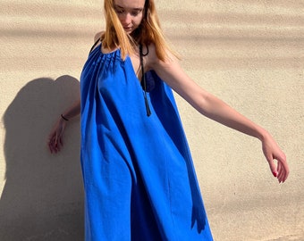 Oversized flowy dress in Royal Blue | Women’s loose long dress, casual lounge ultramarine blue, spaghetti straps, relaxed fit comfortable