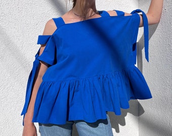 Off shoulder top ruffled royal blue tee oversized loose casual lounge summer navy top minimalist blue maternity summer top bow ruffle top