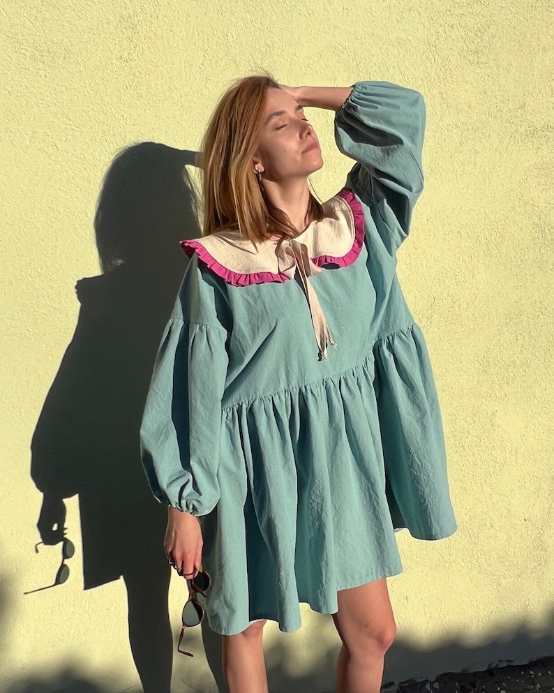 Babydoll Puff Sleeve Blue Dress Collar Autumn Dress Oversized Balloon
