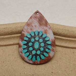 6/20/100 pcs Turquoise Pattern Teardrop Wooden Pendant , Printed Painted Wood Craft , Natural Wood Cutout Earring Dangle Drop Charm , BW0134
